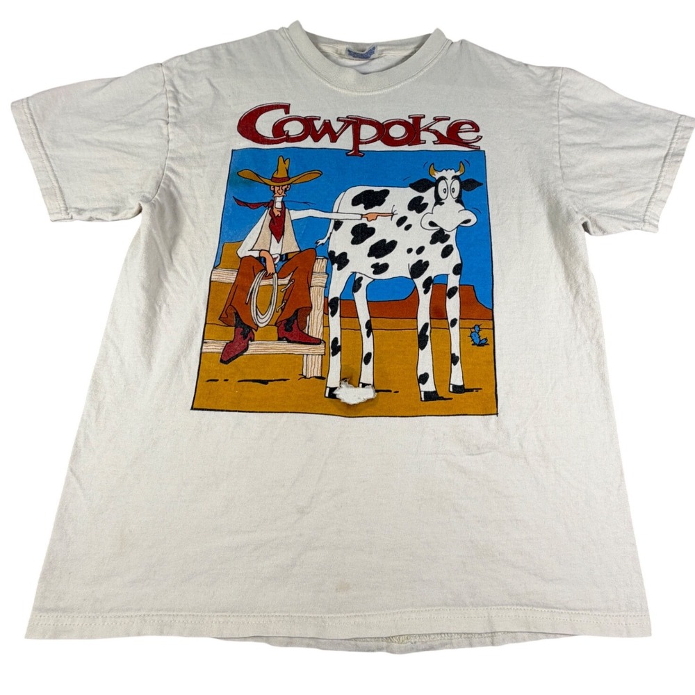 Vintage Hanes Beefy-T Cowpoke T-Shirt Mens Medium White Cowboy Cow Tee